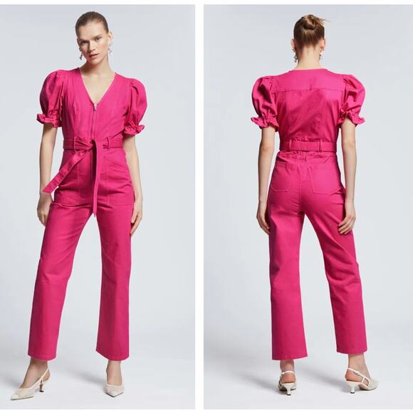 & OTHER STORIES Feminine Puff Sleeve V-Neck Jumpsuit Bright Pink Sz 10 {164}